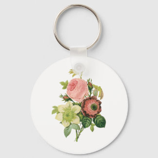 Vintage Flowers, Anemone Roses Clematis by Redoute Key Ring