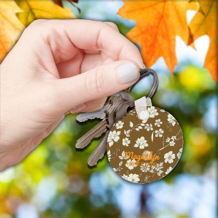 Vintage Flowers Antique Brown Personalise Name Key Ring