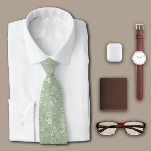 Vintage Flowers Antique Green Personalize Initial Tie