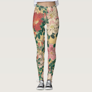 Vintage Flowers Azalea Japanese Painting Leggings