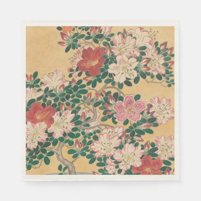 Vintage Flowers Azalea Japanese Painting Napkin (Front)