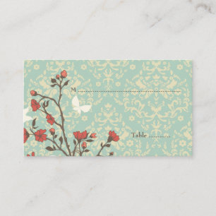 Vintage flowers bird + damask wedding place card