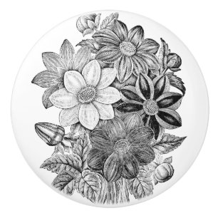 Vintage Flowers Black White Print Ceramic Knob