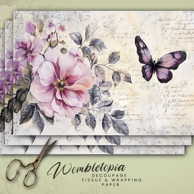 Vintage Flowers & Butterfly Pink & Purple  Doupage Tissue Paper (Creator Uploaded)