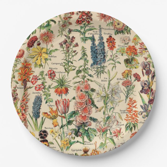 Vintage Flowers by Adolphe Millot Paper Plate (Front)