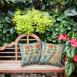 Vintage Flowers Carnation Tulips Monogrammed   Cushion