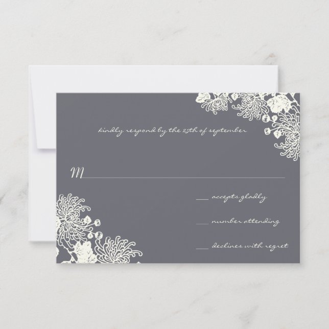 Vintage Flowers Chacoal Grey Wedding RSVP Card (Front)