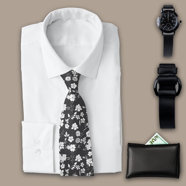 Vintage Flowers Charcoal Personalise Initial Tie (Creator Uploaded)