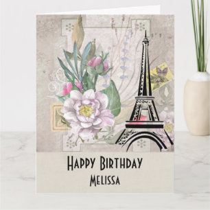 Vintage Flowers, Eiffel Tower and Burlap Birthday Card