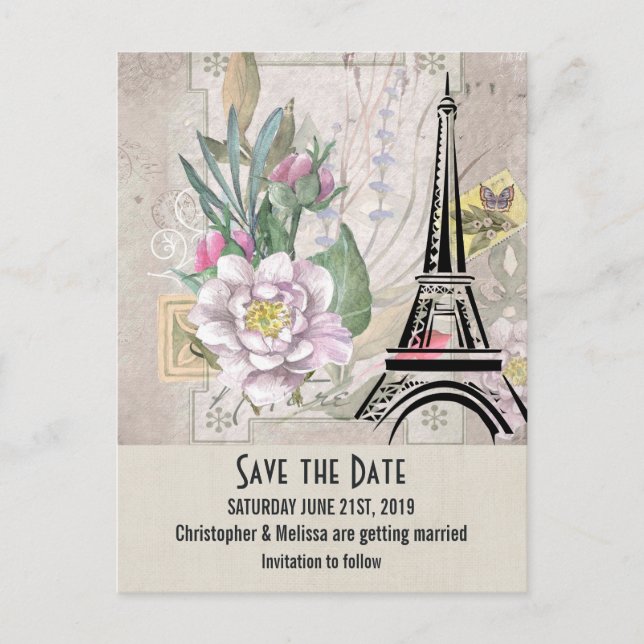Vintage Flowers, Eiffel Tower Save the Date Postcard (Front)