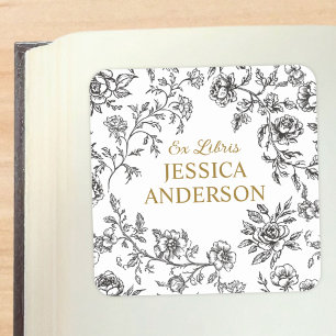 Vintage Flowers Floral Ex Libris Black Bookplate Square Sticker