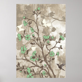 Vintage flowers green taupe floral grunge custom poster