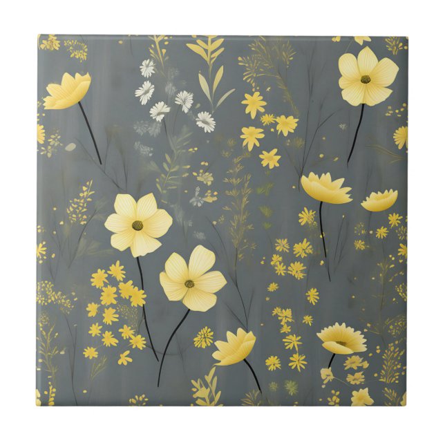 Vintage Flowers Grey and Yellow Tile (Front)