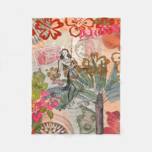 Vintage Flowers Hula Colourful Hawaiian Tropical Fleece Blanket
