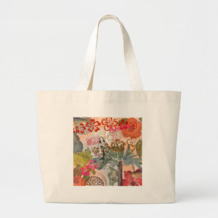 Vintage Flowers Hula Colourful Hawaiian Tropical Large Tote Bag