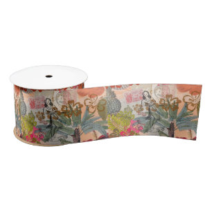 Vintage Flowers Hula Colourful Hawaiian Tropical Satin Ribbon