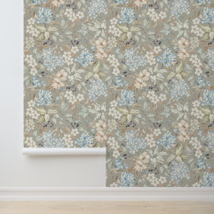 Vintage Flowers Leaves Berries Branches Mist Grey Wallpaper