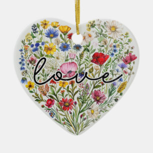 Vintage Flowers Love Heart Floral Wildflowers Ceramic Tree Decoration