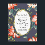vintage flowers navy and gold save the date announcement postcard<br><div class="desc">vintage floral navy and gold wreath save the date postcards</div>