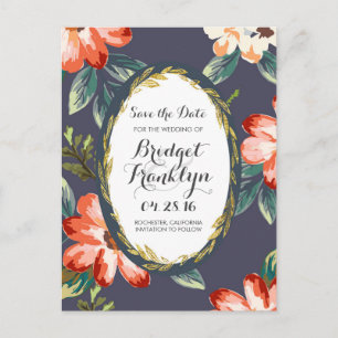 vintage flowers navy and gold save the date announcement postcard