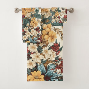 Vintage Flowers of Rose, Tulip, Lilies and Daisies Bath Towel Set