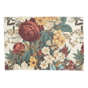 Vintage Flowers of Rose, Tulip, Lilies and Daisies Pillowcase