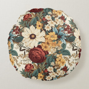 Vintage Flowers of Rose, Tulip, Lilies and Daisies Round Cushion