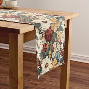 Vintage Flowers of Rose, Tulip, Lilies and Daisies Short Table Runner