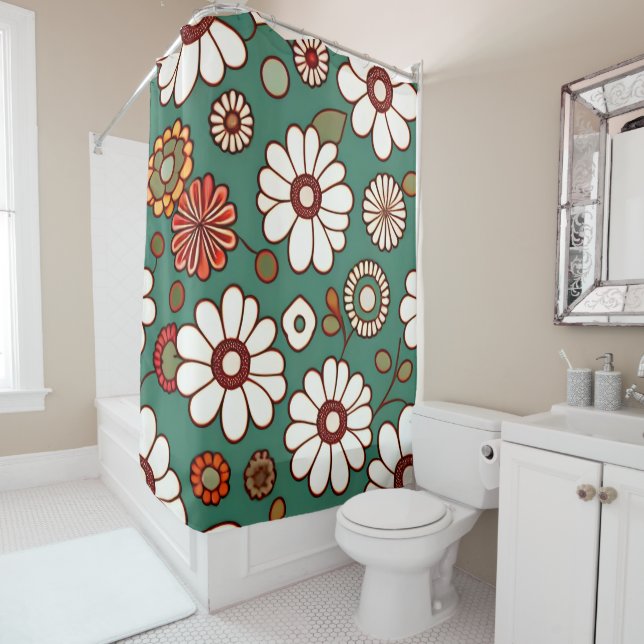 Vintage Flowers on a Green Background Shower Curtain (In Situ)