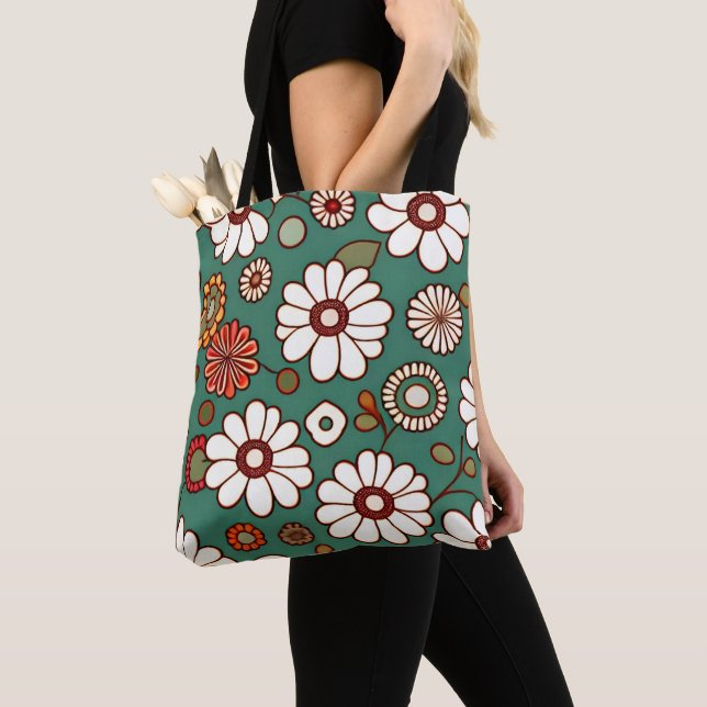 Vintage Flowers on a Green Background Tote Bag (Close Up)