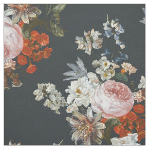 Vintage Flowers on Dark Blue Background Fabric