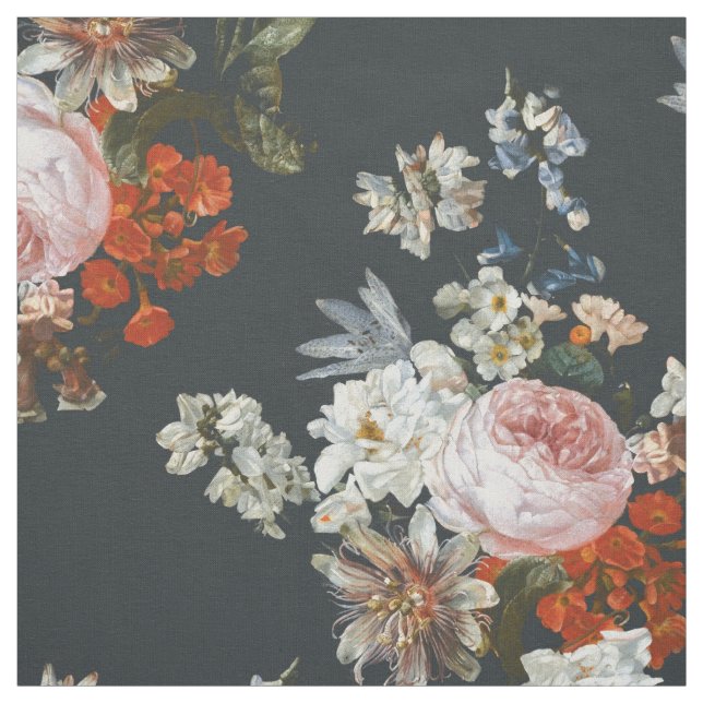 Vintage Flowers on Dark Blue Background Fabric (Swatch)