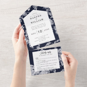 Vintage flowers on navy blue wedding all in one invitation