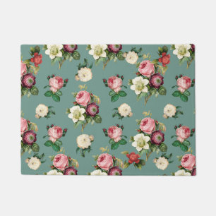 Vintage Flowers on Stone Blue, Retro Floral Print Doormat