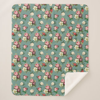 Vintage Flowers on Stone Blue, Retro Floral Print Sherpa Blanket