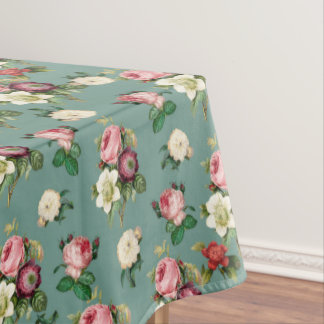 Vintage Flowers on Stone Blue, Retro Floral Print Tablecloth