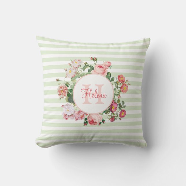 Vintage Flowers Pastel Green Stripes Monogram Cushion (Front)