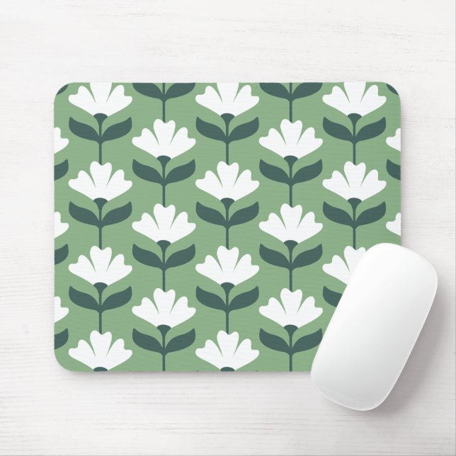 Vintage Flowers Pattern Green & White Mouse Pad (With Mouse)