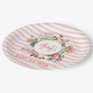 Vintage Flowers Pink Stripes Monogram Baby Shower Paper Plate