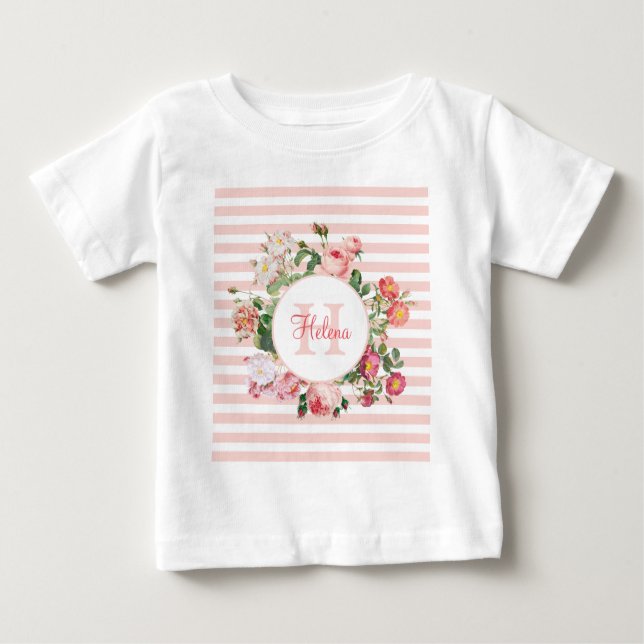 Vintage Flowers Pink Stripes Monogram Baby T-Shirt (Front)