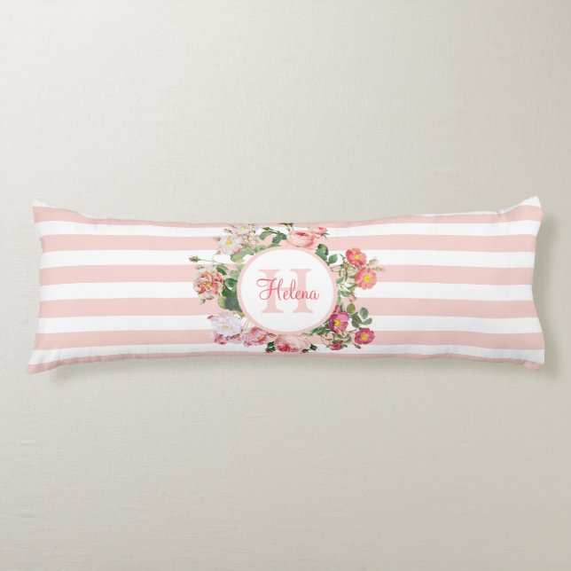 Vintage Flowers Pink Stripes Monogram Body Cushion (Front)