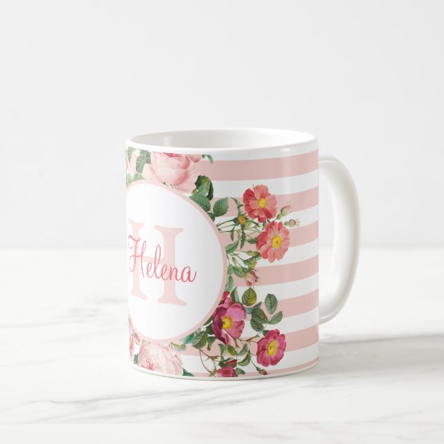 Vintage Flowers Pink Stripes Monogram Coffee Mug (Front Right)