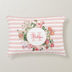 Vintage Flowers Pink Stripes Monogram Decorative Cushion