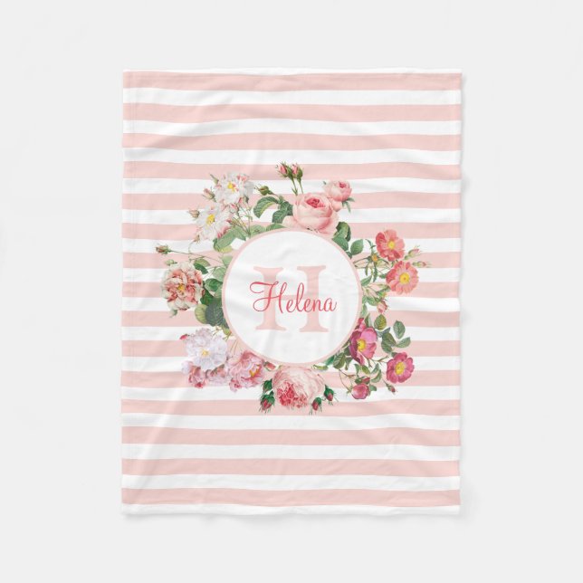 Vintage Flowers Pink Stripes Monogram Fleece Blanket (Front)