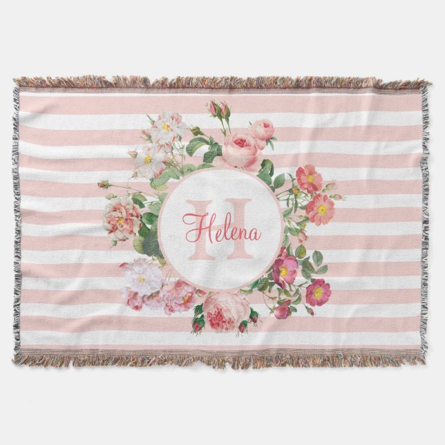 Vintage Flowers Pink Stripes Monogram Throw Blanket (Front)