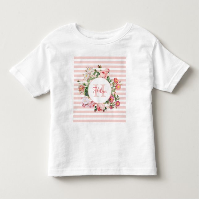 Vintage Flowers Pink Stripes Monogram Toddler T-Shirt (Front)