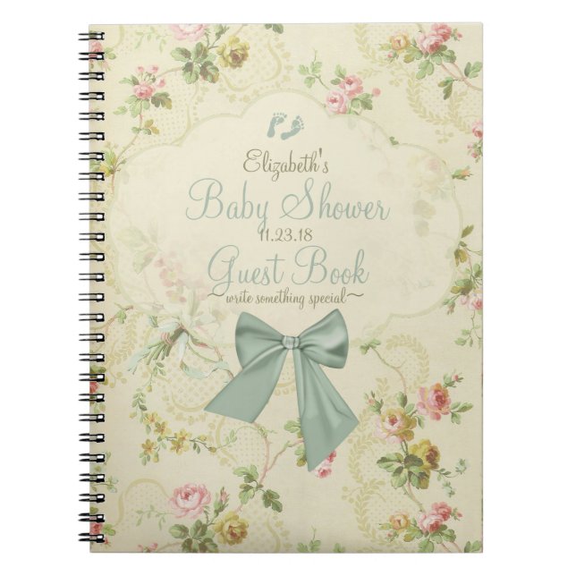 Vintage Flowers Sage Bow Baby Shower Guest Book (Front)