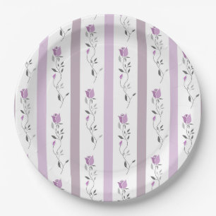 Vintage Flowers Striped pattern white beige pink  Paper Plate
