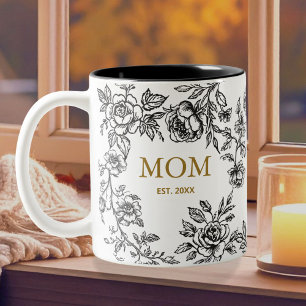 Vintage Flowers Toile De Jouy Black Mothers Day Two-Tone Coffee Mug