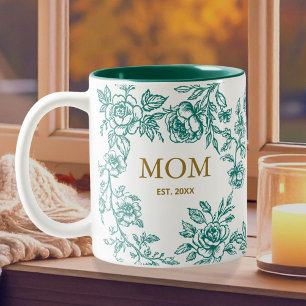 Vintage Flowers Toile De Jouy Green Mothers Day Two-Tone Coffee Mug
